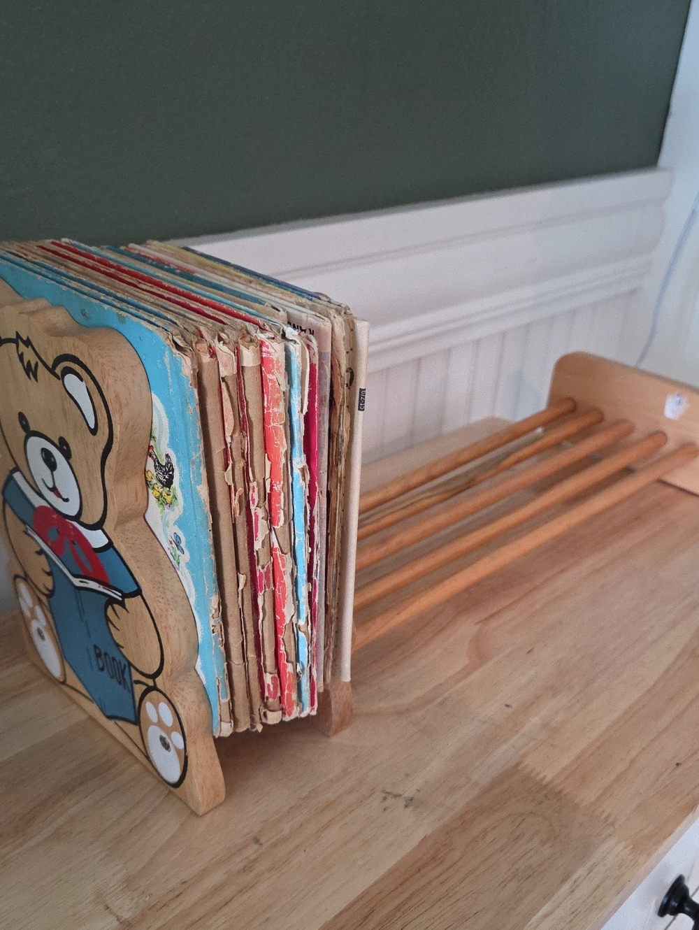 Vintage Wooden Book End Rack Organizer - Natural Wood